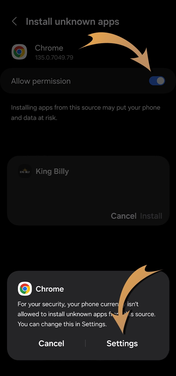 Allow installation of applications from unknown sources to install the King Billy Casino app.