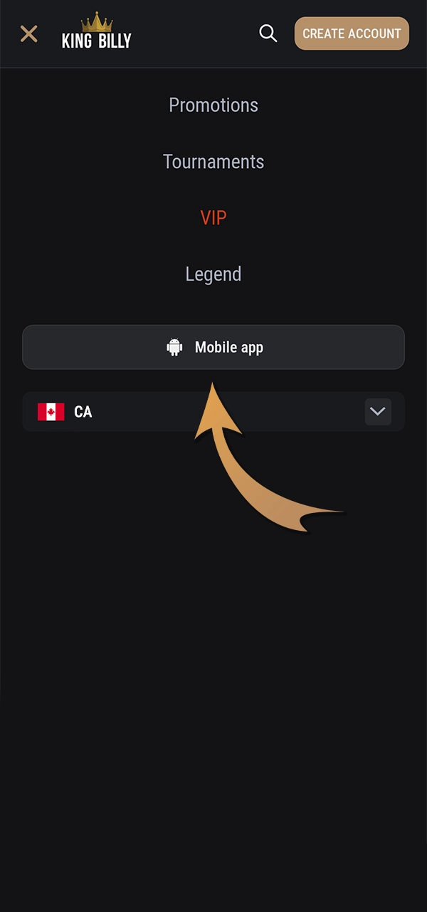 Find the Mobile App section on the official King Billy Casino website.