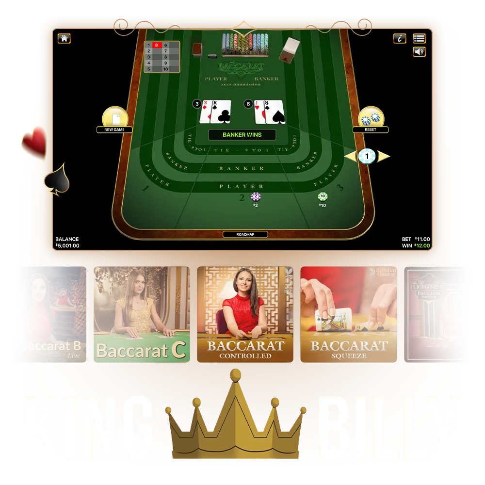 Enjoy playing online baccarat at the King Billy website.