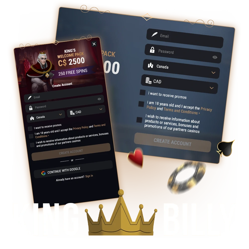 Learn how to register at King Billy online casino.