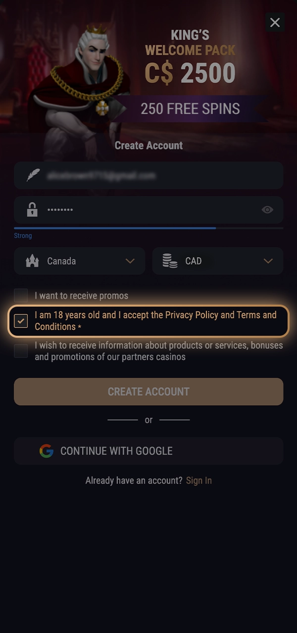 Accept the privacy policy and terms and conditions of King Billy Casino.
