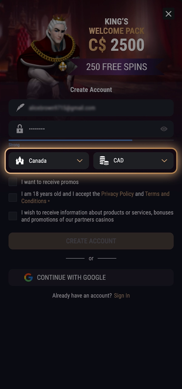 Choose your country and currency to register at King Billy Casino.