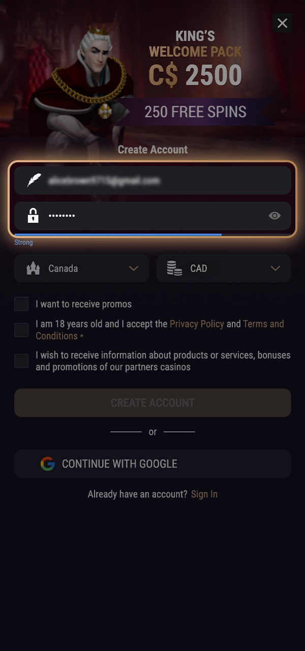 Fill out the form with your information to create an account at King Billy online casino.