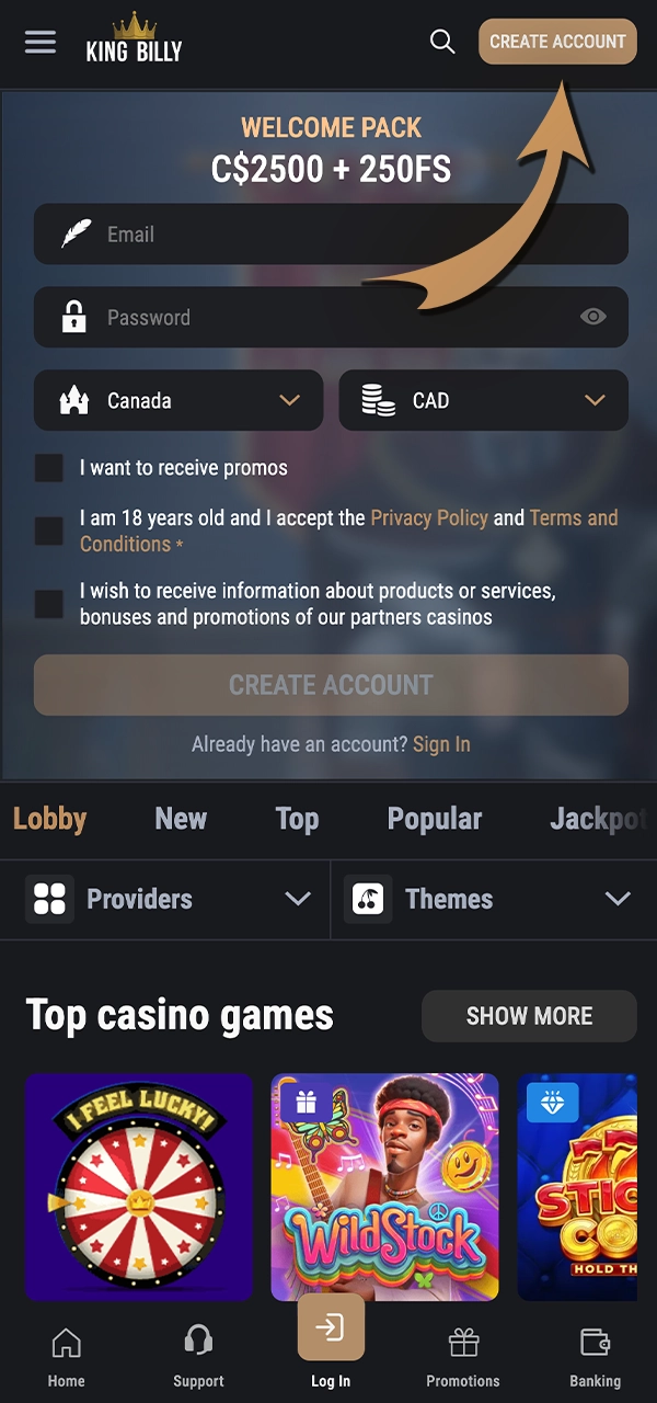 Learn how to find the Create Account button on the official King Billy website.